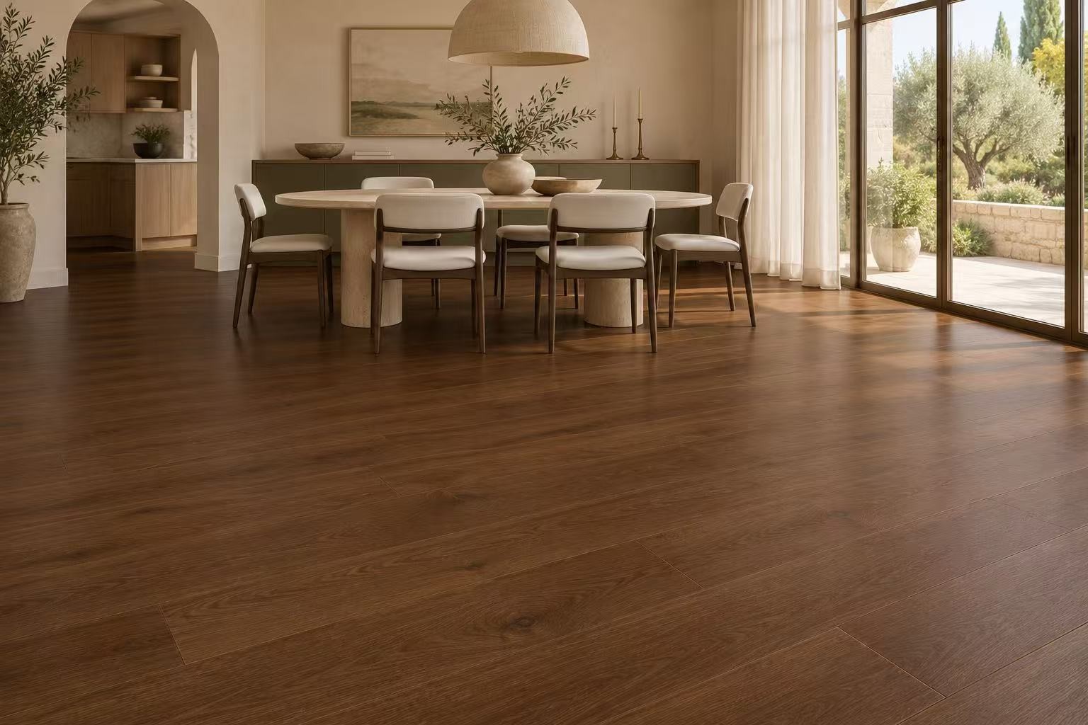 Dining room with warm brown flooring