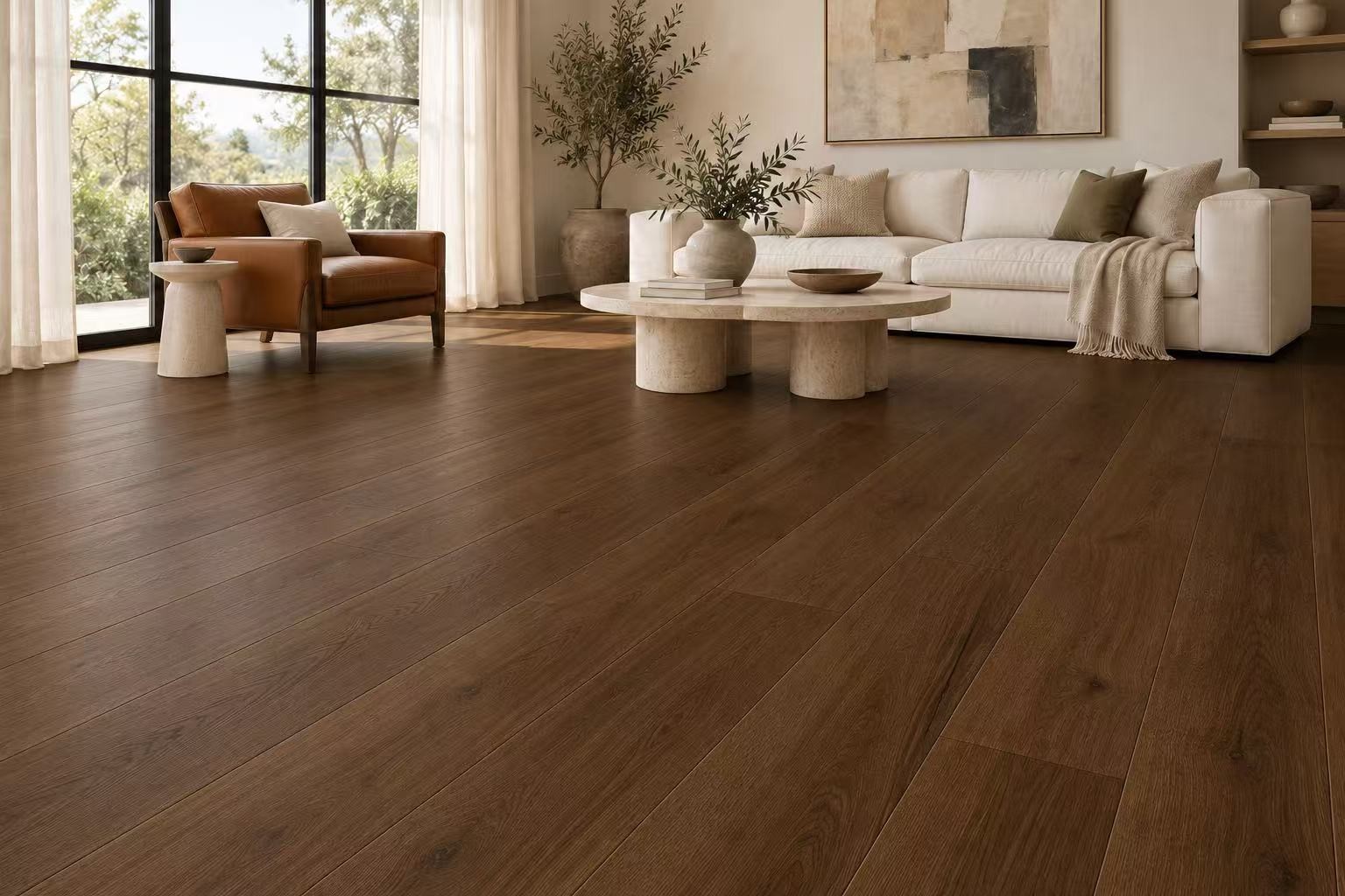 Living room with dark brown flooring