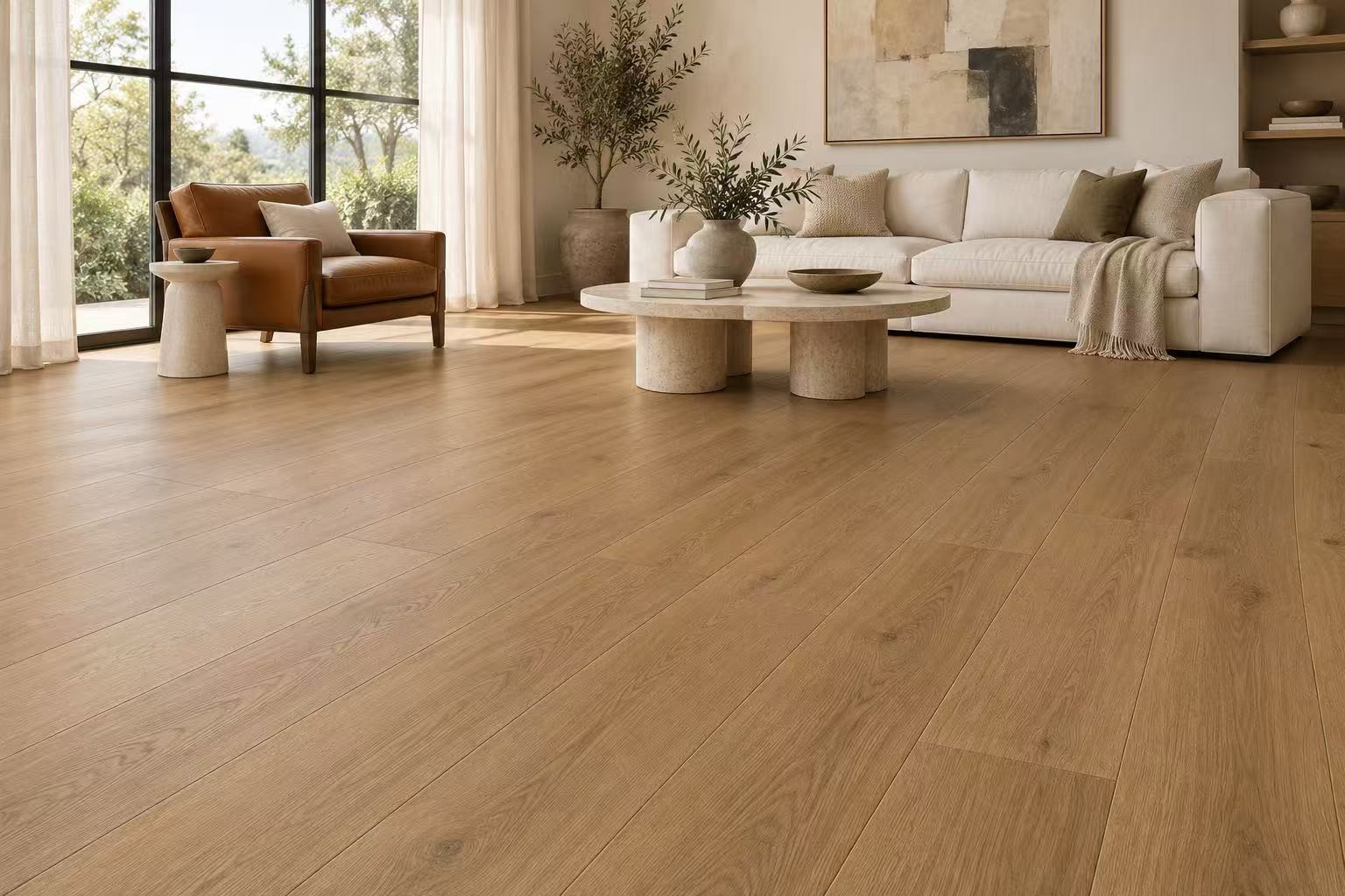 Living room with light wood flooring